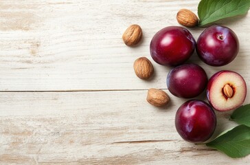 Plums and Almonds on a White Wooden Background