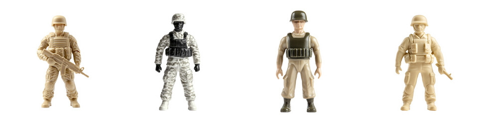 Set of four action figures representing soldiers in various outfits. Ideal for toy collections, military themes, and creative projects, isolated on transparent background.