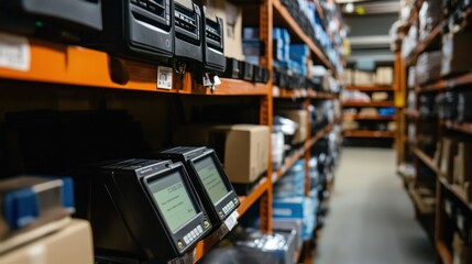 Electronic Devices on Orange Shelves in a Warehouse