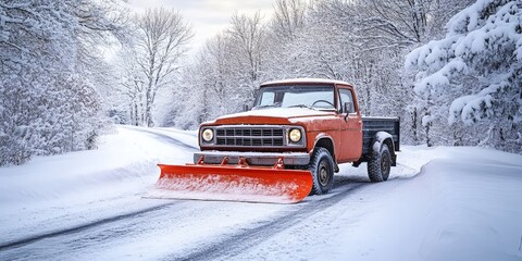 Pickup Truck Actively Plowing Snow on a Winter Road