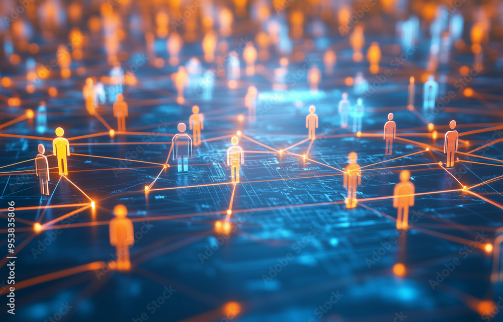 Poster abstract digital network with glowing connections and people figures, representing global connectivi