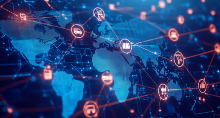 A blue digital background featuring a world map with interconnected Bitcoin symbols, representing the global spread of blockchain technology in financial and trading applications.