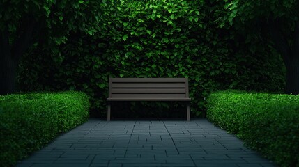 Fototapeta premium A serene park bench surrounded by lush greenery, creating a peaceful spot for relaxation and contemplation under the foliage.