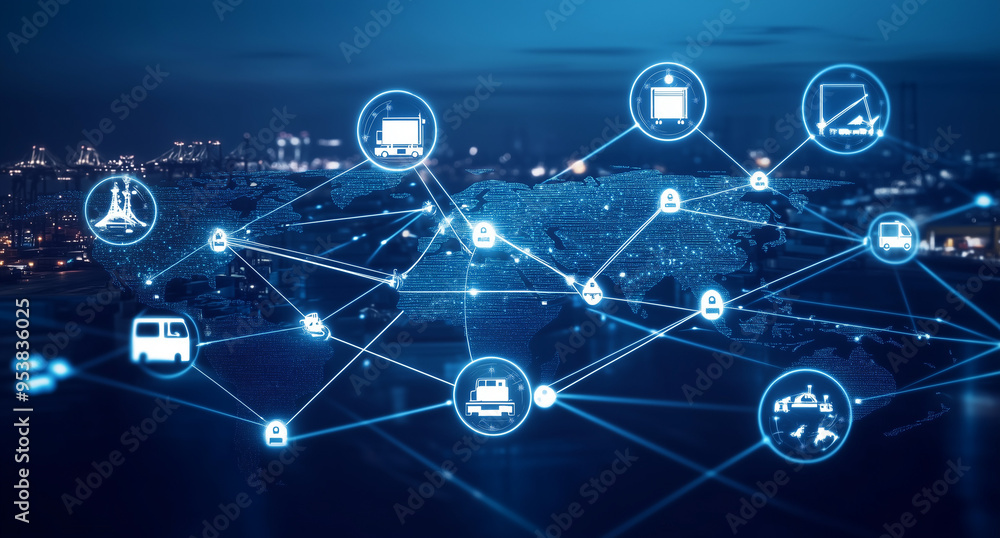 Aufkleber a blue digital background featuring a world map with interconnected bitcoin symbols, representing th