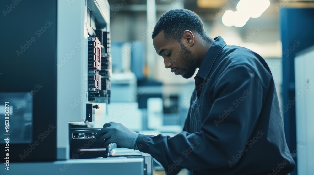 Poster A Man Working With a Complex Machine in a Factory Setting