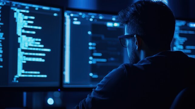 A software developer working on computer coding in a dark room, illuminated by the glow of multiple monitors displaying code.