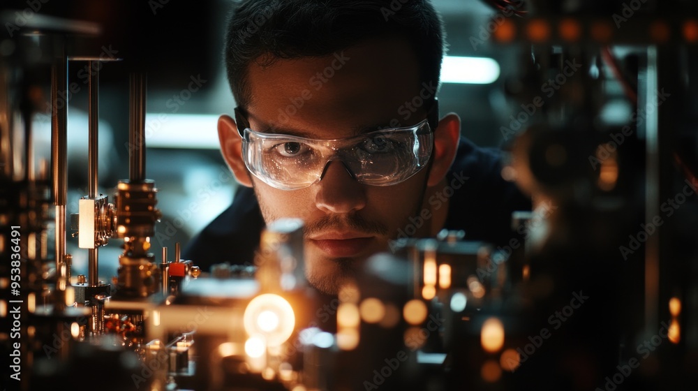 Poster close-up of a man in safety glasses examining a complex machine
