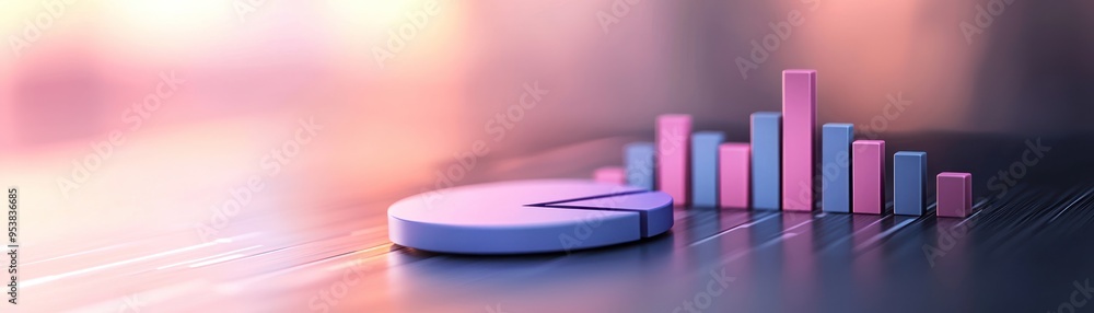 Poster abstract 3d bar and pie charts in pink and blue on a reflective surface, representing data analysis 