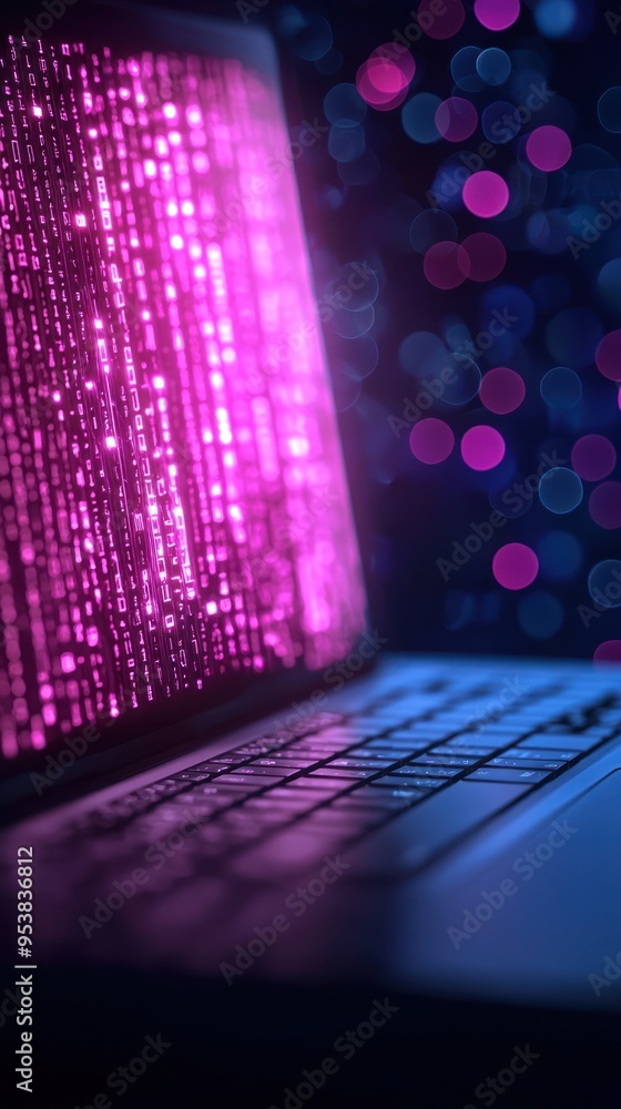 Poster abstract image of a laptop with a vibrant pink digital screen and blurred bokeh lights in the backgr