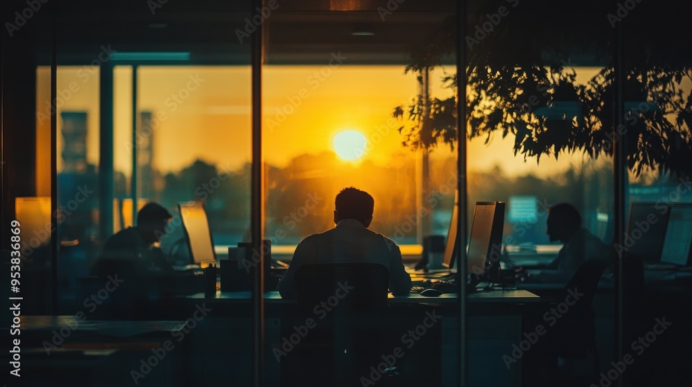 Poster silhouetted man working at a desk with a sunset view