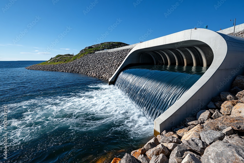 Poster hydropower and renewable resource management are featured in a minimalist design of a streamlined da