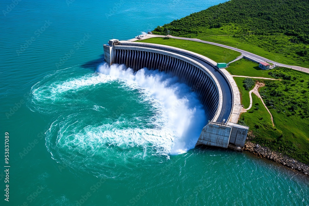 Poster hydropower and renewable resource management are featured in a minimalist design of a streamlined da