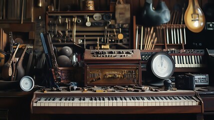 Vintage Piano Keys and Surrounding Objects in a Room