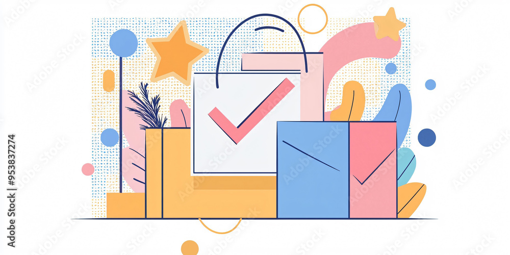 Poster Delivery confirmation icon with checkmark, featuring colorful boxes and shapes, conveys sense of completion and satisfaction.