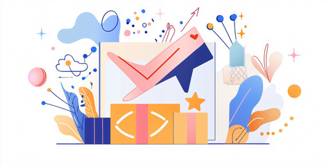 Delivery confirmation with checkmark and colorful gifts creates joyful atmosphere. This illustration symbolizes successful transactions and celebrations.
