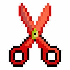 Obraz premium Pixel Art Scissors Icon in Red and Black on White Background Retro Gaming Style Asset