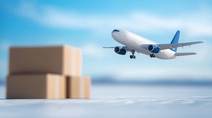 Airplane taking off with cargo boxes in the foreground, representing global shipping and logistics. Clear blue sky in the background.