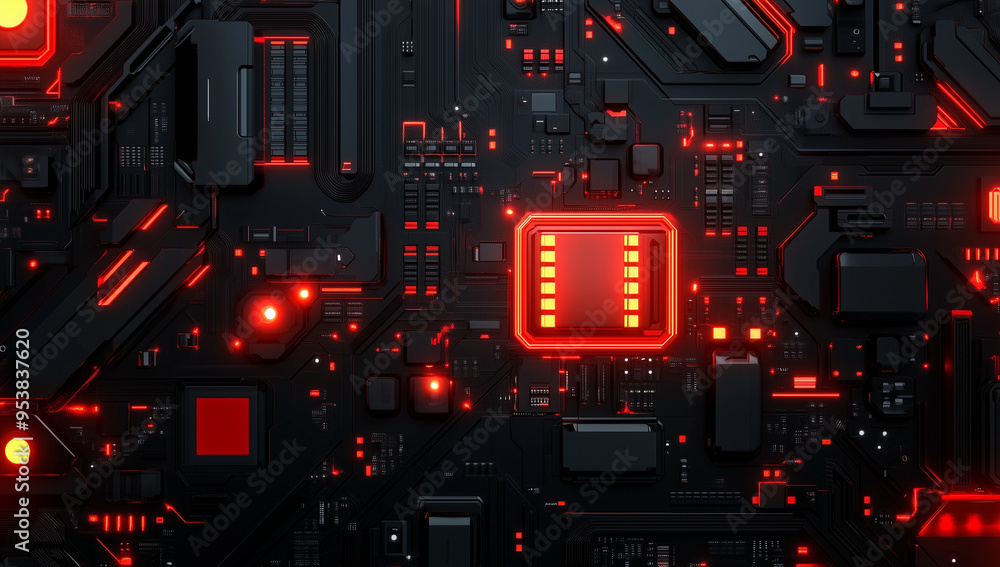 Poster a close up of an advanced circuit board with glowing red and black components, showcasing the power 