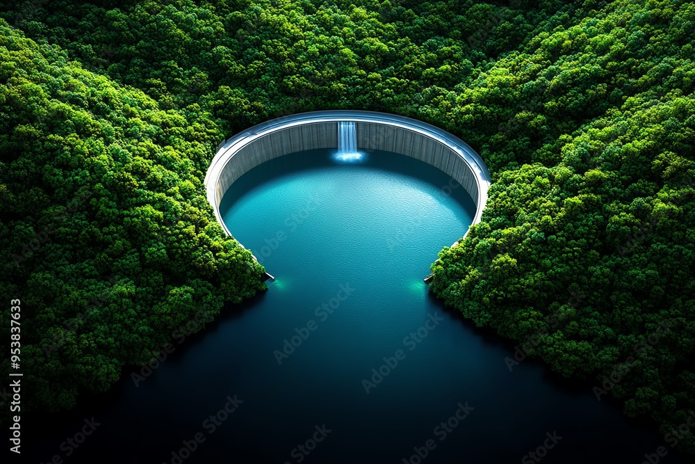 Poster hydropower and water resource management are depicted in a realistic photo of a dam blending seamles