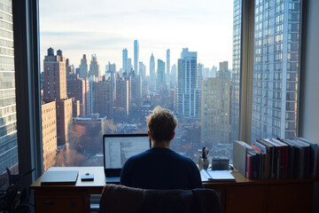 Software developer is working at his desk in his home office with a view of the new york city skyline