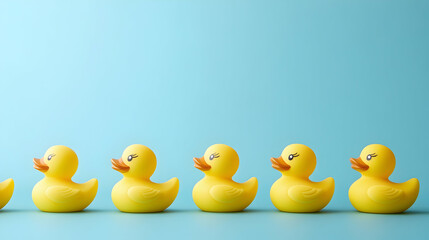 Line of rubber ducks in perspective, leadership concept on blue, ducks in a row
