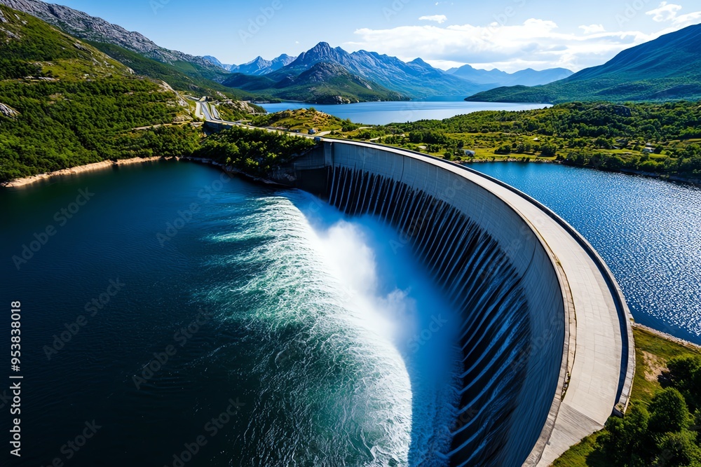Poster hydropower and water resource management are depicted in a realistic photo of a dam blending seamles