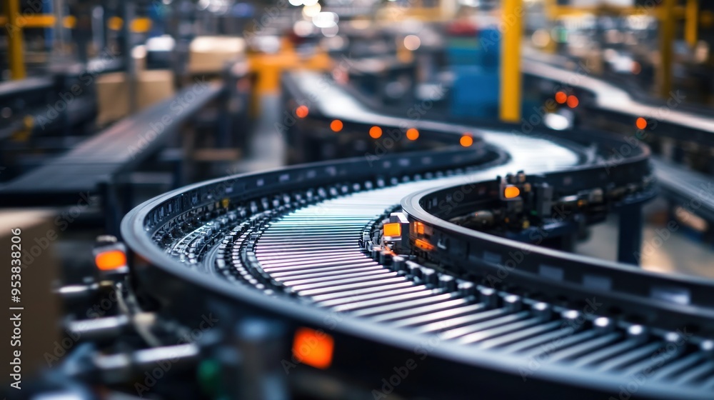 Poster Close-up of a Curved Conveyor Belt System in a Factory Setting