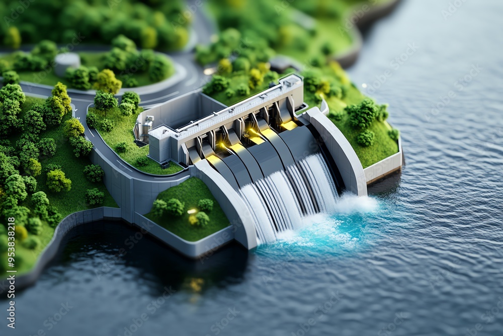 Poster hydropower innovation and environmental impact are showcased in a dynamic illustration of a modern d