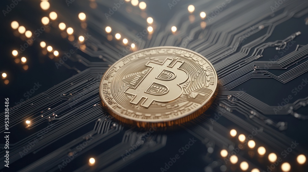 Poster close-up of a bitcoin coin on an electronic circuit board, showcasing the concept of digital currenc