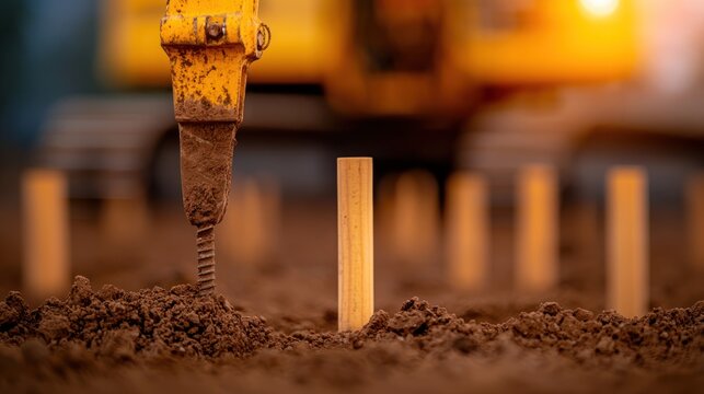 Close-up image of a construction site with a drill rig and wooden stakes. Focus on soil and equipment, indicating ongoing groundwork.