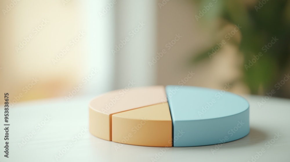 Poster close-up of a colorful three-piece pie chart representing data, isolated on a light background. perf