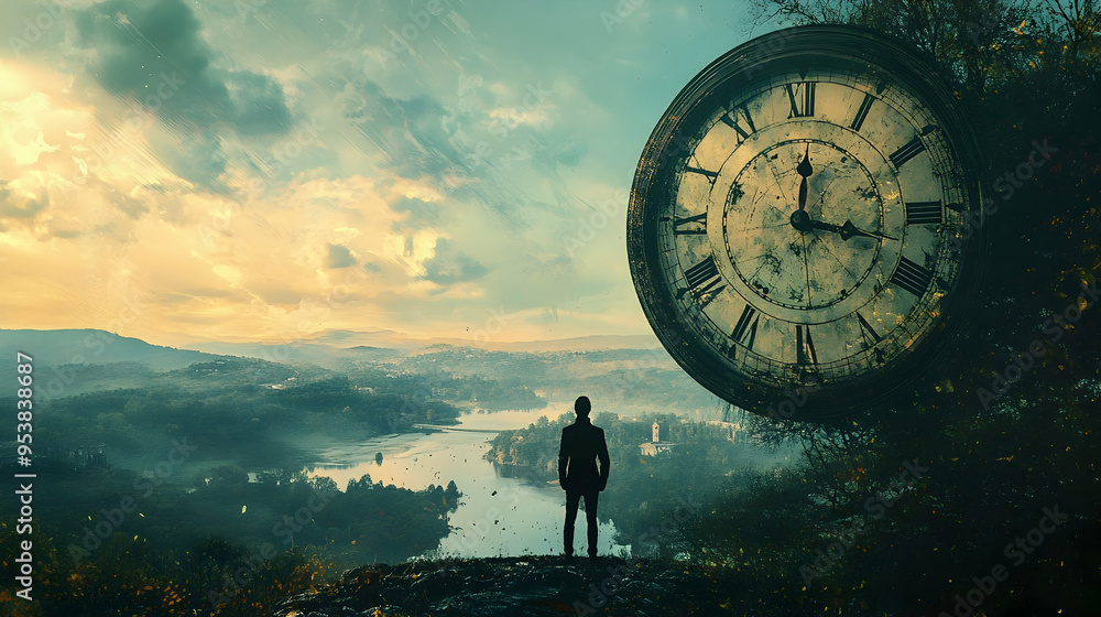 Poster man standing beside a large clock looking out over view of landscape