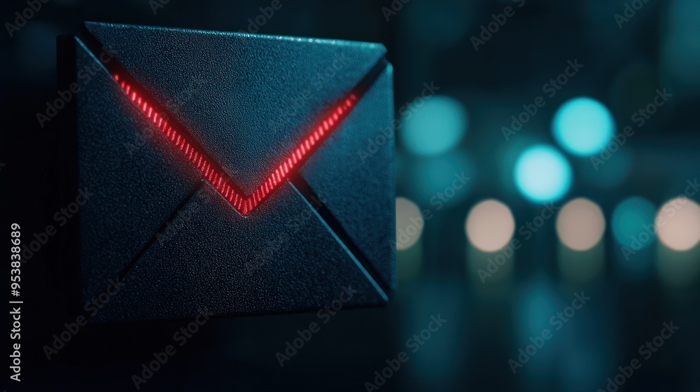 Poster close-up of a dark, futuristic mailbox with red led light in a bokeh background, signifying email an
