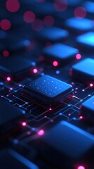 Close-up of a computer chip on a circuit board with illuminated elements, highlighting technology and innovation.