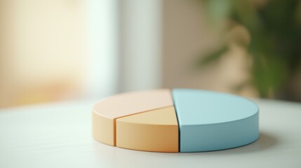 Close-up of a colorful three-piece pie chart representing data, isolated on a light background. Perfect for business and statistical presentations.