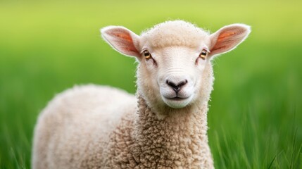 Obraz premium Close-up of a curious sheep standing in a green grassy field, showcasing its woolly coat on a bright day, with a blurred background.