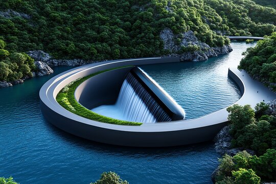 Hydropower innovation and resource optimization are captured in a minimalist design focusing on the efficiency of a sleek dam