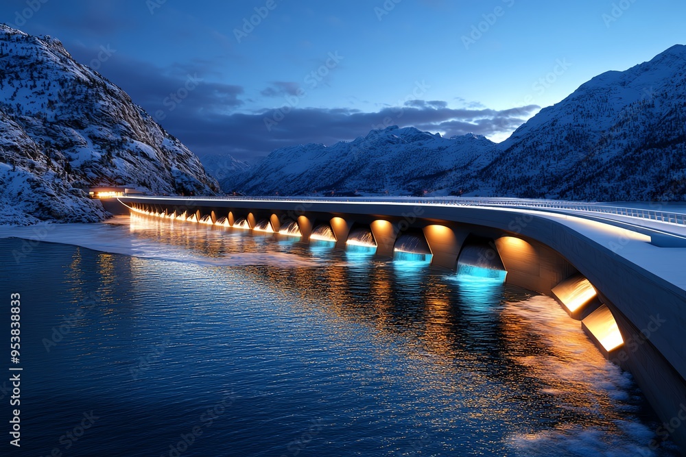 Poster Hydropower innovation and structural design are highlighted in a futuristic design of a high-tech dam with advanced turbines