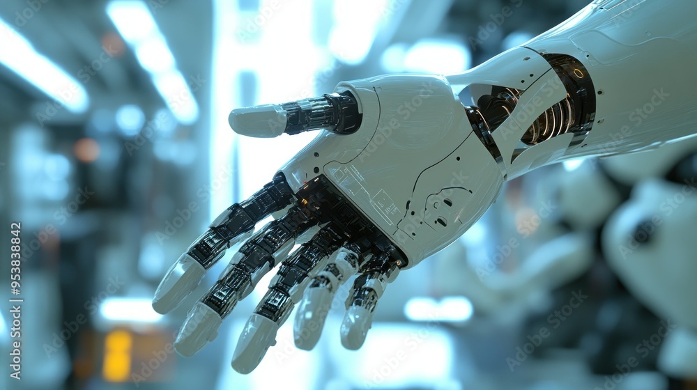 Poster closeup of a white robotic hand with complex mechanisms