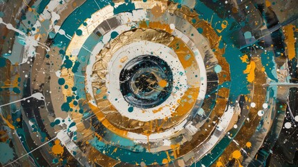 Obraz premium Abstract oil painting of a circular pattern with splashes and drips in beige, teal, gold, white, brown, black, and silver colors. Generative AI.
