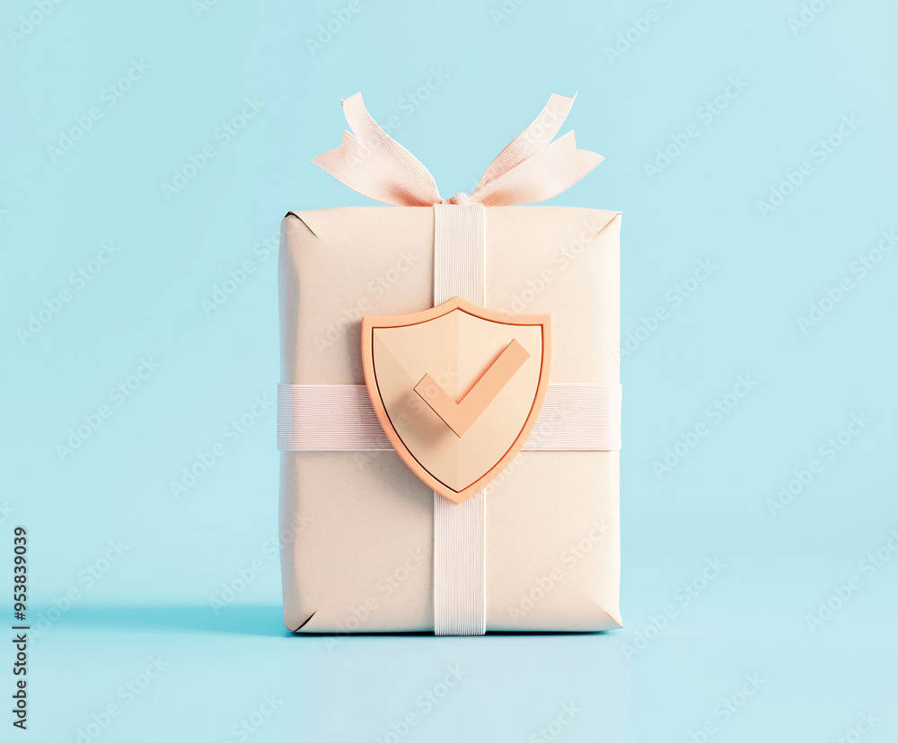 Aufkleber a beautifully wrapped gift box with shield and checkmark symbolizing security and trust. soft pastel