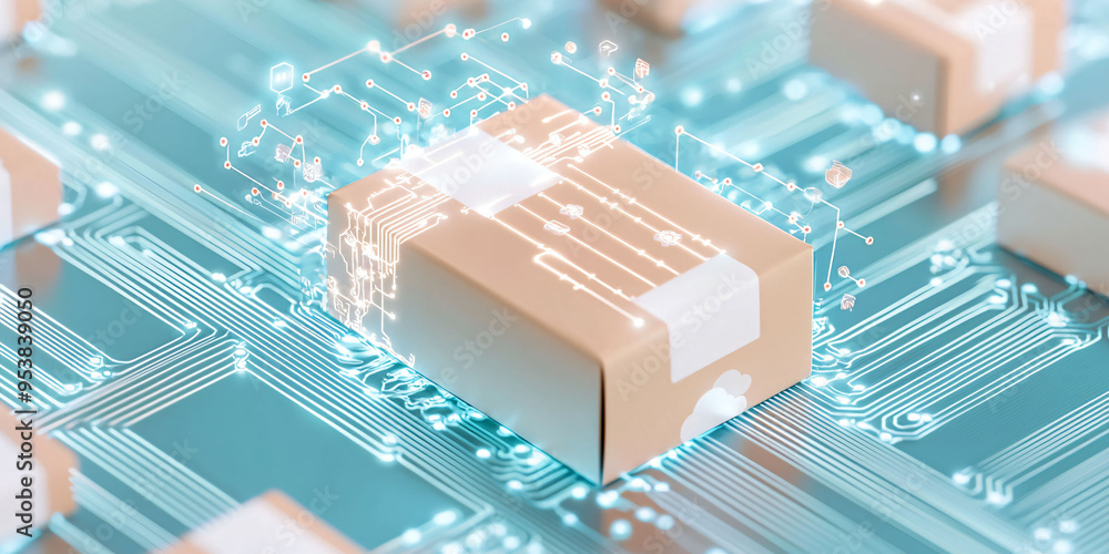 Poster digital package with priority label and circuit design, symbolizing modern logistics and technology.
