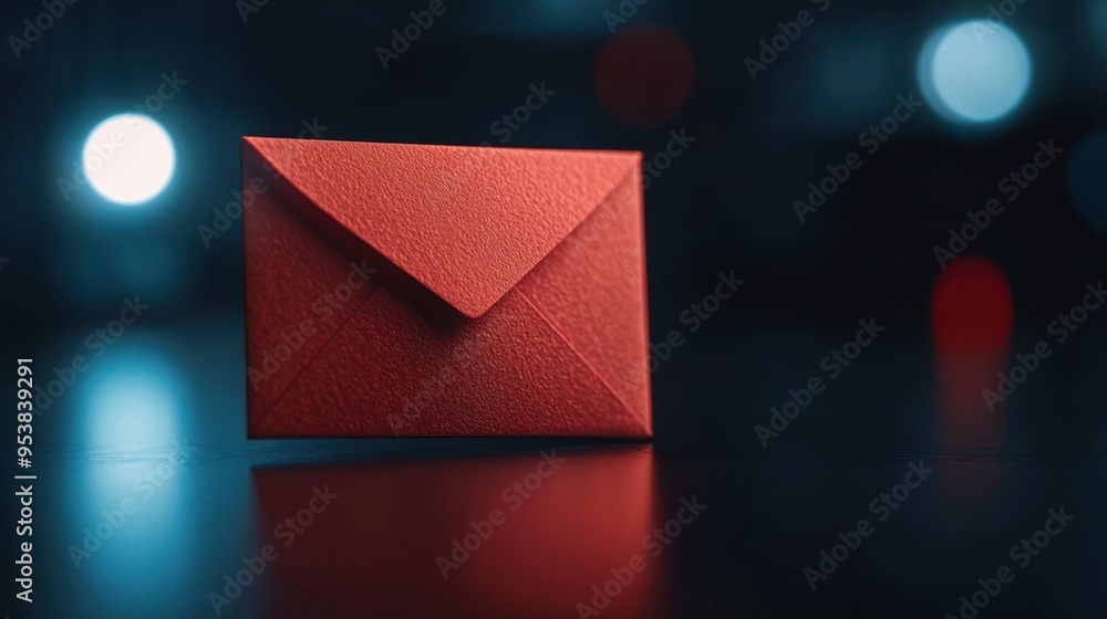Poster close-up of a red envelope against a dark, blurred background with bokeh lights in a low-light setti