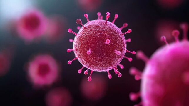 Close-up of a pink virus under a microscope, representing biological research and infectious disease studies with high detail.