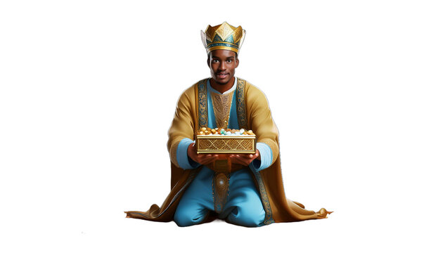 El rey mago Baltasar arrodillado entregando un cofre enjoyado de regalos. Con fondo transparente 02