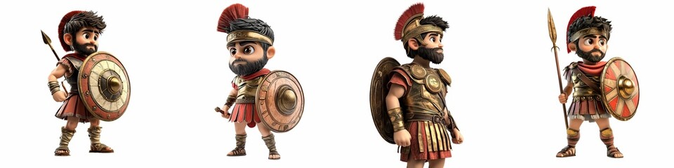 Obraz premium A cartoon Roman soldier in detailed armor holding a sword and shield. The character has a beard and wears a red plumed helmet.