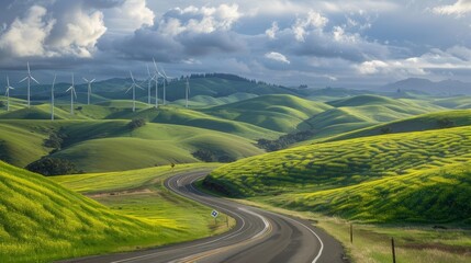 Curving road through rolling hills dotted with windmills. Generative AI