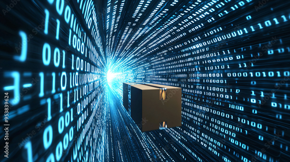 Poster a package is being transported through digital tunnel of binary code, symbolizing data transfer and 