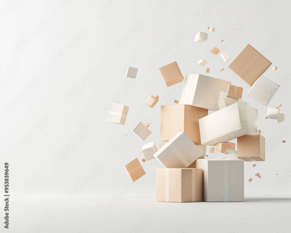Poster falling boxes create dynamic scene, symbolizing creativity and innovation in minimalist setting.