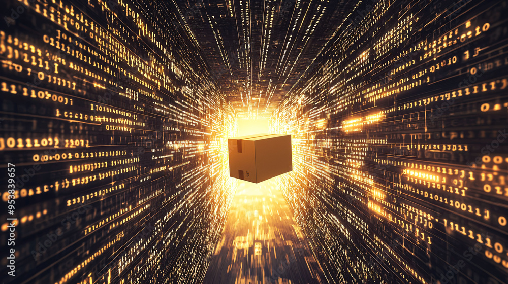 Poster a package is being transported through digital tunnel filled with glowing binary code, symbolizing f